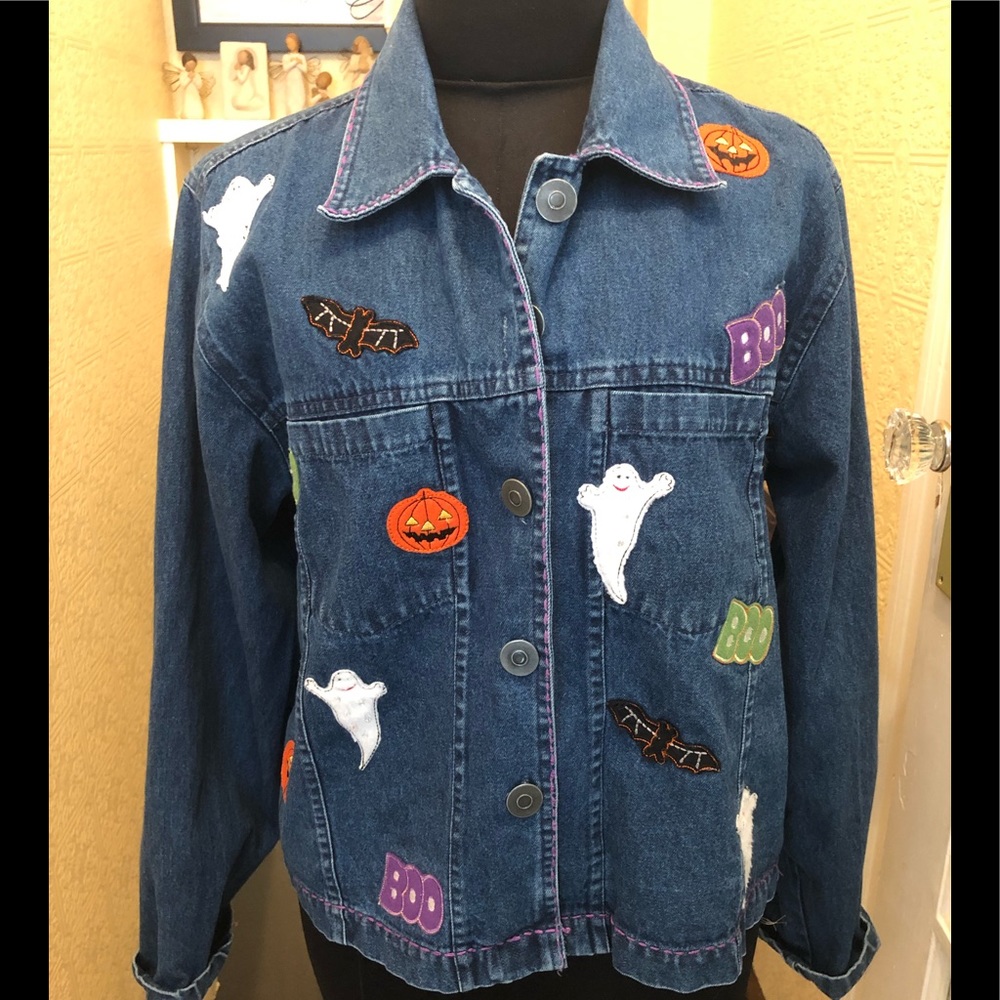 Halloween jean jacket sewn on patches